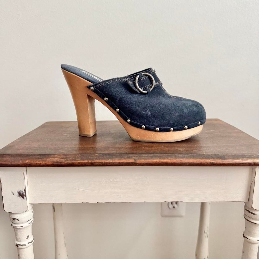 Blue Suede Clog Wood Heel Steve Madden buckle vintage 70 y2k mule